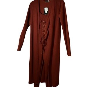 BRAND NEW!! Fashion Nova Rust Lace-Up Ribbed Jumpsuit & Duster Set